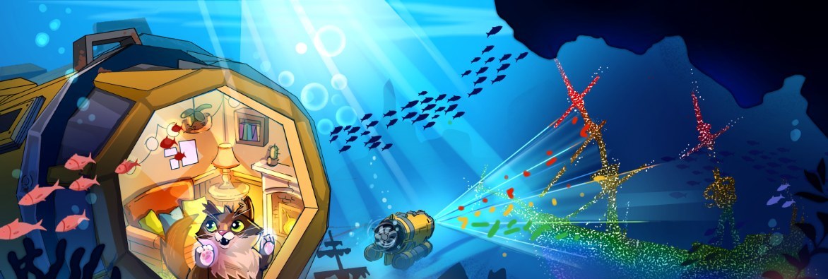 Subscanner key art: a cat waves from a cozy room while a small yellow ROV scans a sunken ship into a rainbow 3D point cloud